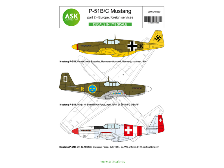 ASK Art Scale Kit Décalcomanies D48060 P-51B/C Mustang Partie 2 - Europe service extérieur 1/48