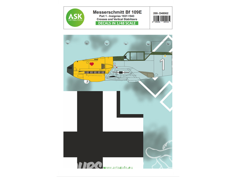 ASK Art Scale Kit Décalcomanies D48062 Messerschmitt Bf 109E Patie 1 - Insignes - croix et derive WWII 1/48