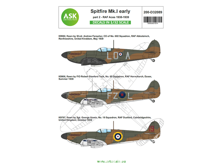 ASK Art Scale Kit Décalcomanies D32089 Spitfire Mk.I Early Partie 2 - RAF Aces 1938 - 1939 1/32