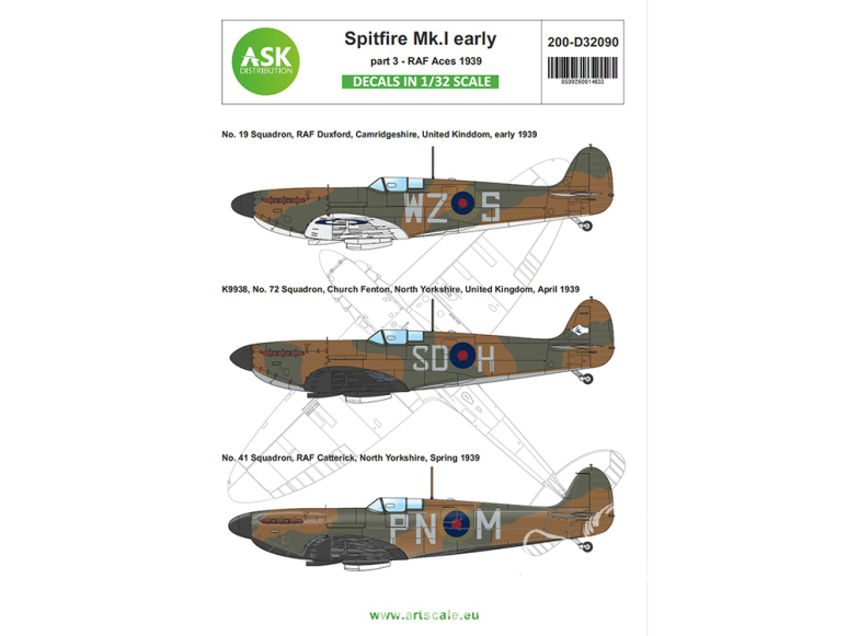 ASK Art Scale Kit Décalcomanies D32090 Spitfire Mk.I Early Partie 2 - RAF Aces 1939 1/32