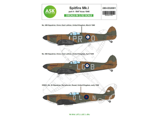 ASK Art Scale Kit Décalcomanies D32091 Spitfire Mk.I Early Partie 4 - RAF Aces 1940 1/32