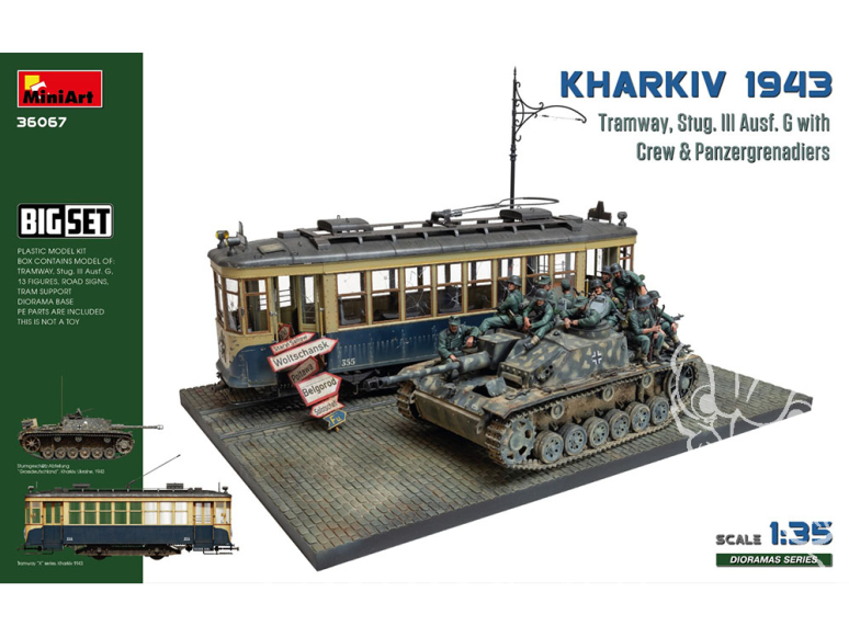 Mini Art maquette militaire 36067 Big Set Kharkiv 1943 : Tram & Stugg. III Ausf. G avec équipage 1/35