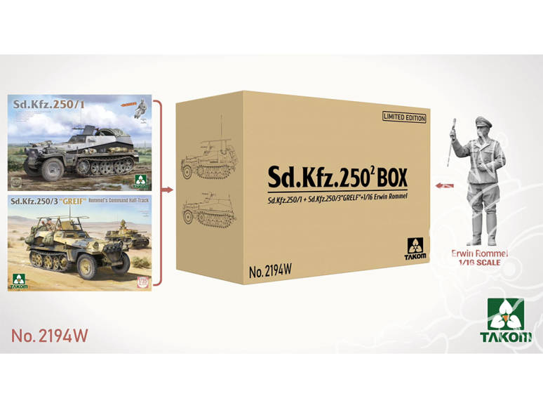 Takom maquette militaire 2194W Sd.Kfz.250 Box Sd.Kfz.250/1 + Sd.Kfz.250/3 "GREIF" + 1/16 Erwin Rommel Edition Limitée 1/35