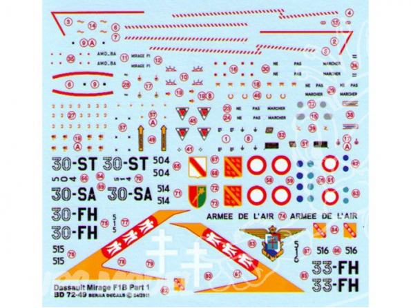 Decalques Berna decals BD72-49 DASSAULT MIRAGE F1 B Partie 1 1/72