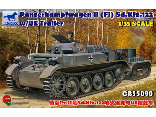 Bronco maquette militaire CB 35090 Panzerkampwagen II (FI) Sd.Kfz.122 avec remorque UE 1/35