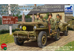 Bronco maquette militaire CB 35106 US GPW 1/4 ton Modele 1942 avec remorque 10-CWT et equipage 1/35