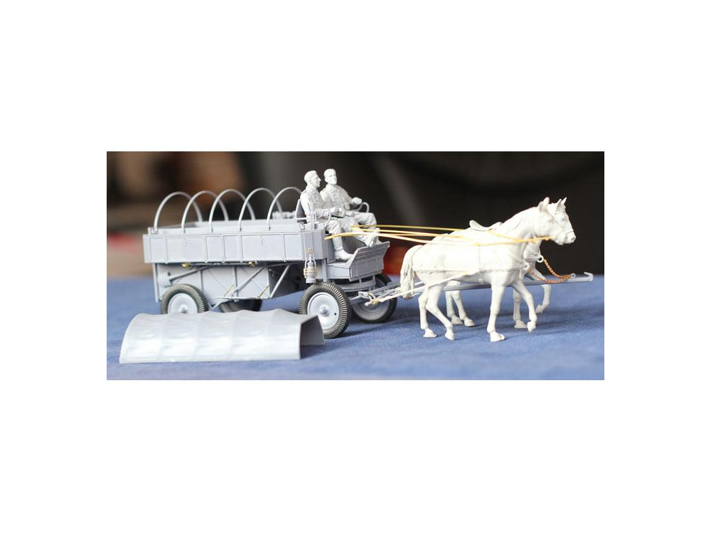 1/35 allemand HF7 chariot de campagne en acier tiré par des chevaux avec 2  chevaux et 2 figurines 